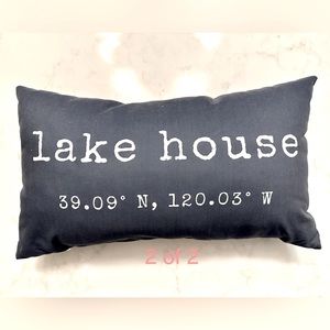 “lake house” Navy throw pillow. Approx. Size: 12”x 21”x 6”